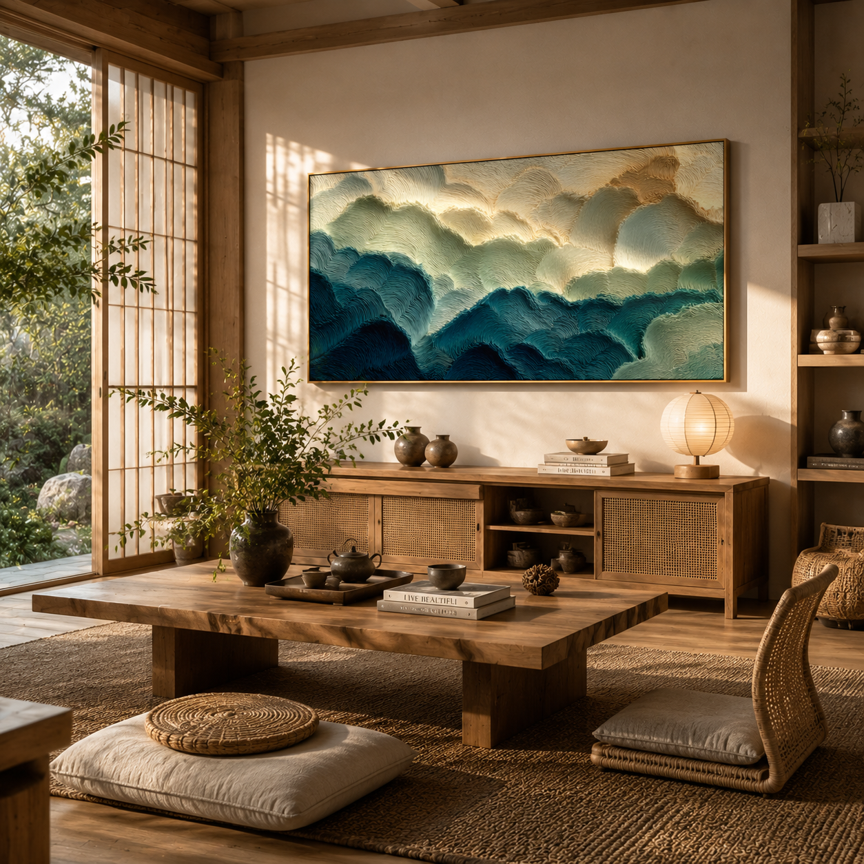 "Textured Coastal Tides" – Tactile Abstract Landscape Art | Deep Blue, Sage & Off-White Impasto Wall Decor | Contemporary Horizontal Art# PT 010