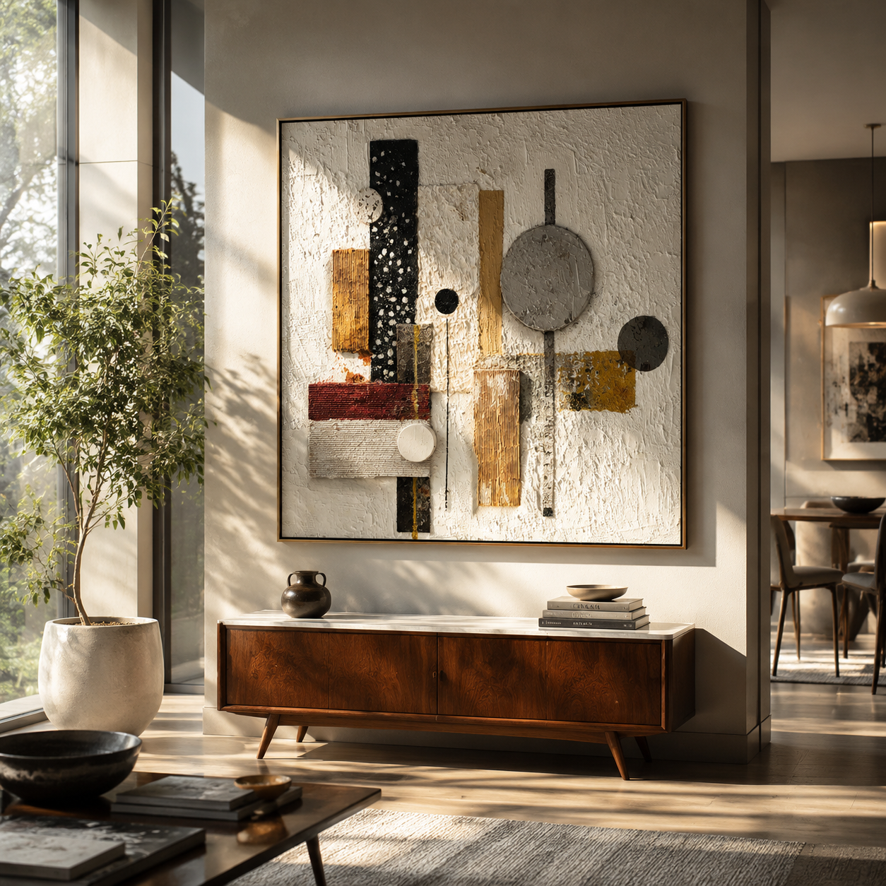 "Geometric Collage" – Modern Mixed-Media Abstract | 3D Neutral & Terracotta Textured Wall Art | Luxury Square Wall Decor# PT 015