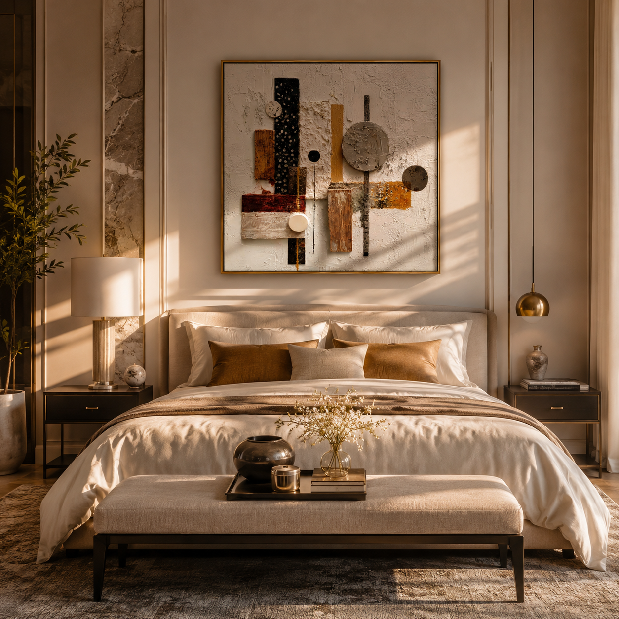 "Geometric Collage" – Modern Mixed-Media Abstract | 3D Neutral & Terracotta Textured Wall Art | Luxury Square Wall Decor# PT 015