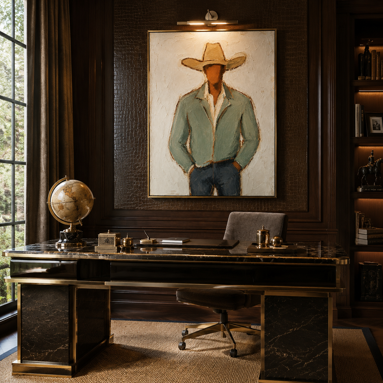 "Stylized Cowboy in Green" – Expressive Impasto Western Art | 3D Layered Neutral & Earthy Canvas | Luxury Vertical Wall Art#PE 007