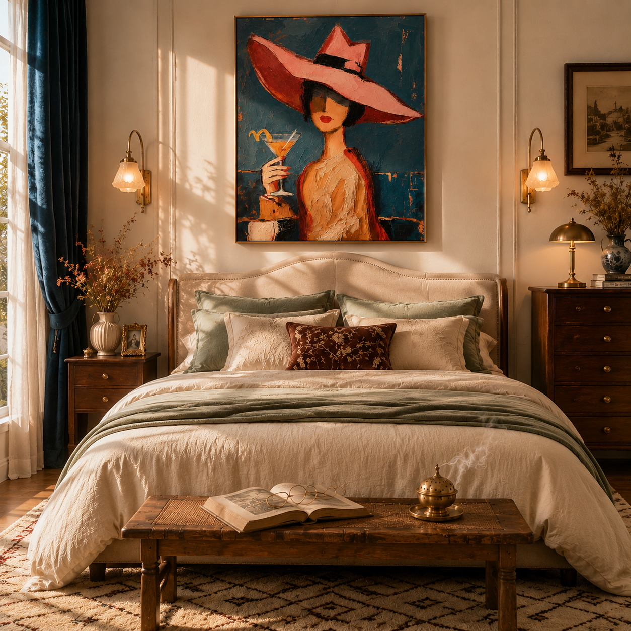 "Retro Woman with Martini" – Tactile Mid-Century Portrait Artwork | Bold Blue & Warm Ochre Impasto Wall Decor | Contemporary Vertical Statement Piece#PE 009