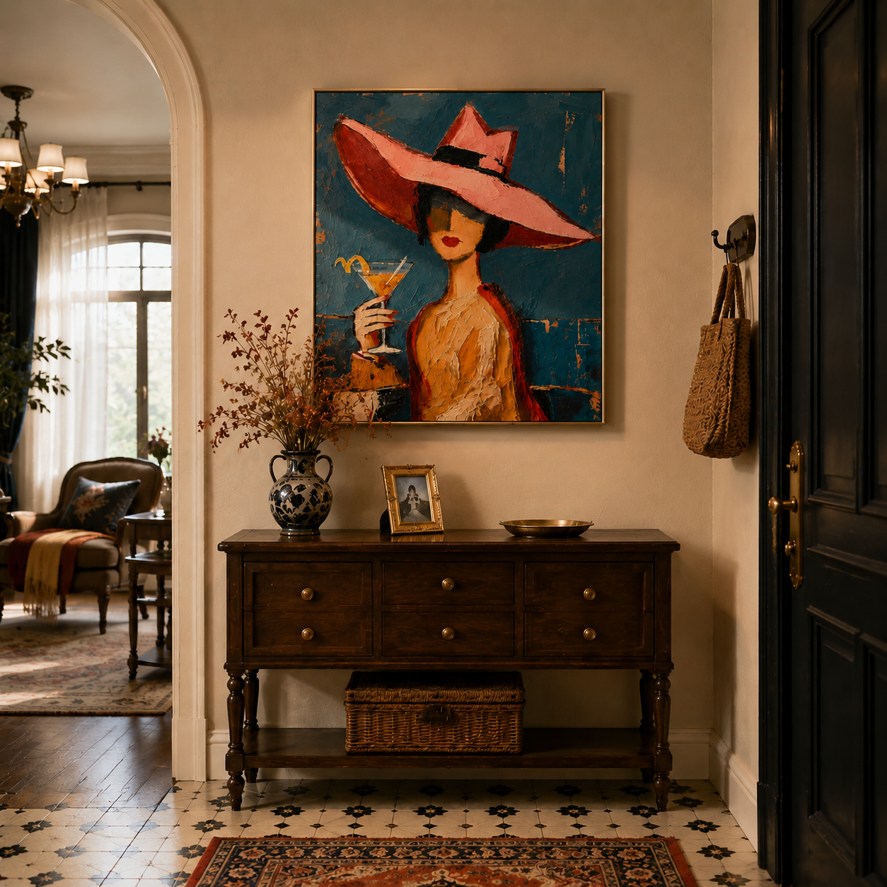 "Retro Woman with Martini" – Tactile Mid-Century Portrait Artwork | Bold Blue & Warm Ochre Impasto Wall Decor | Contemporary Vertical Statement Piece#PE 009