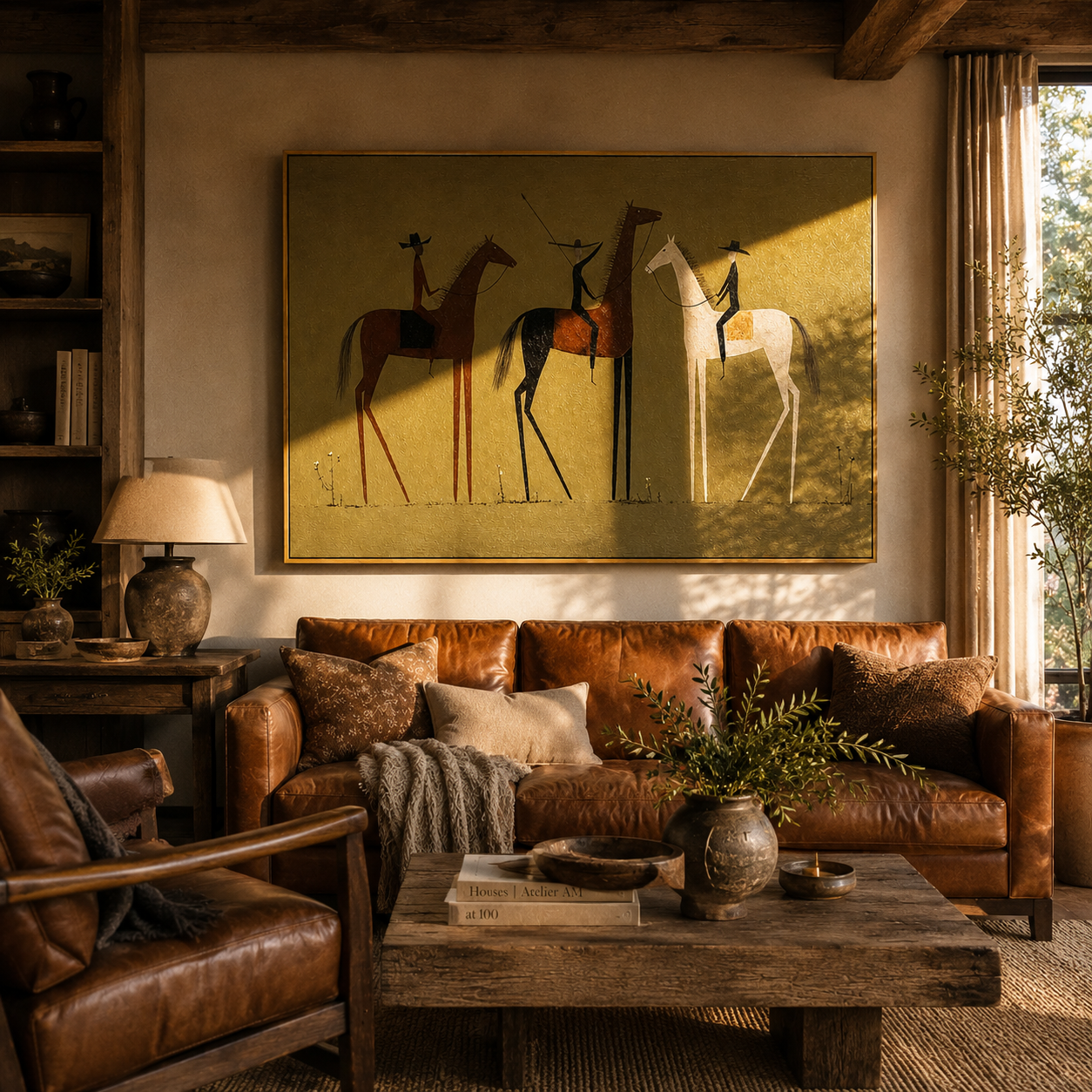 "Three Western Riders" – Modern Heavy Impasto Minimalist Folk Art | 3D Olive & Umber Palette Knife Painting | Luxury Horizontal Wall Art #AB 019