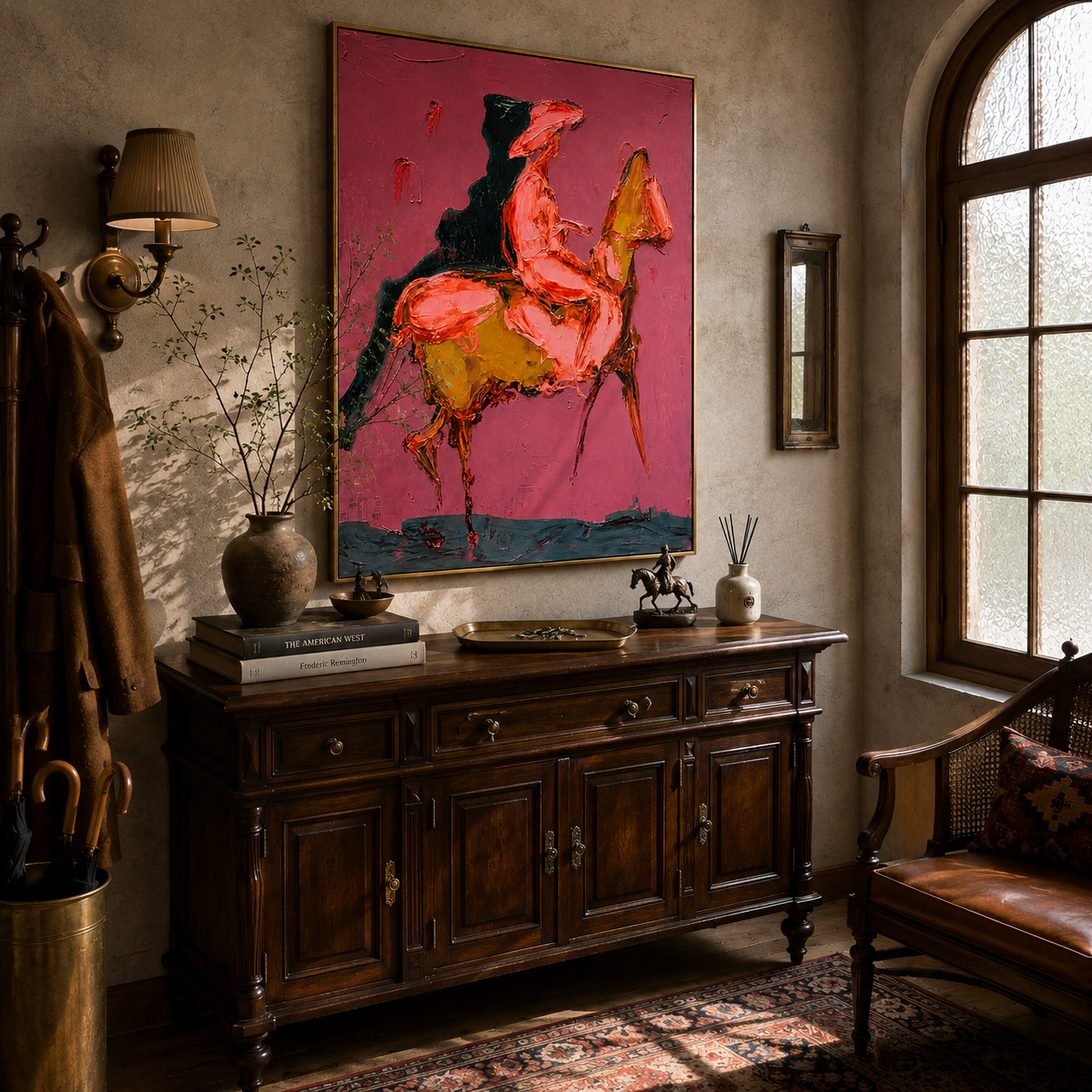 "Abstract Horse and Rider" – Tactile Expressionist Artwork | Bold Pink & Warm Earth Tones Impasto Wall Decor | Contemporary Vertical Statement Piece#AB 002