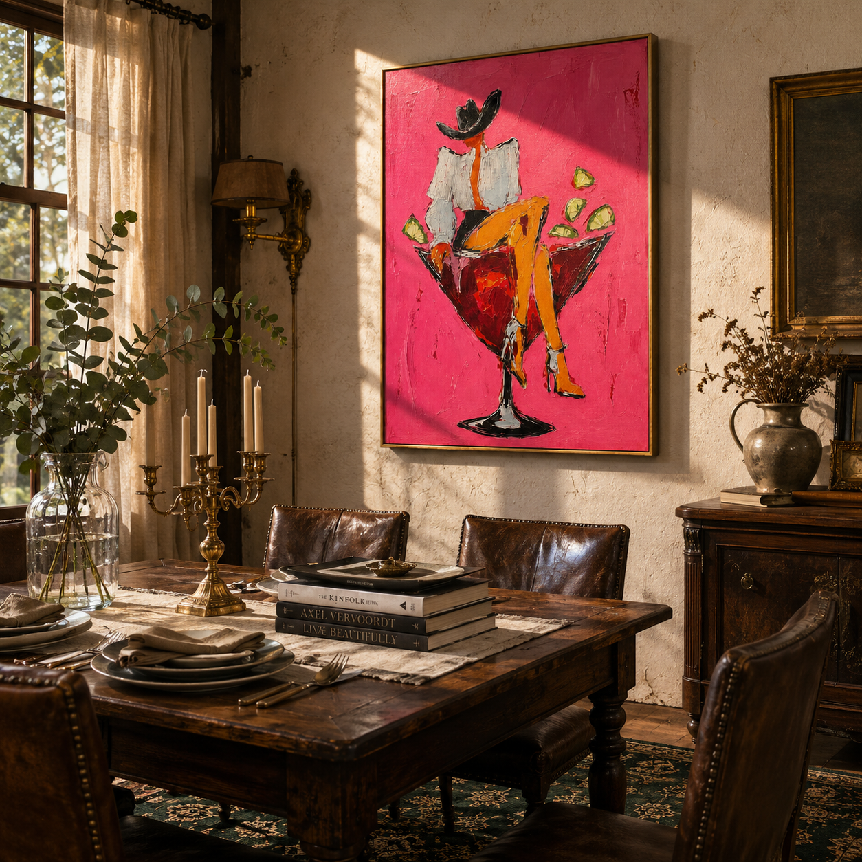 "Cowgirl in a Cocktail Glass" – Modern Heavy Impasto Figurative Art | 3D Hot Pink & Crimson Palette Knife Painting | Luxury Vertical Wall Art#AB 003