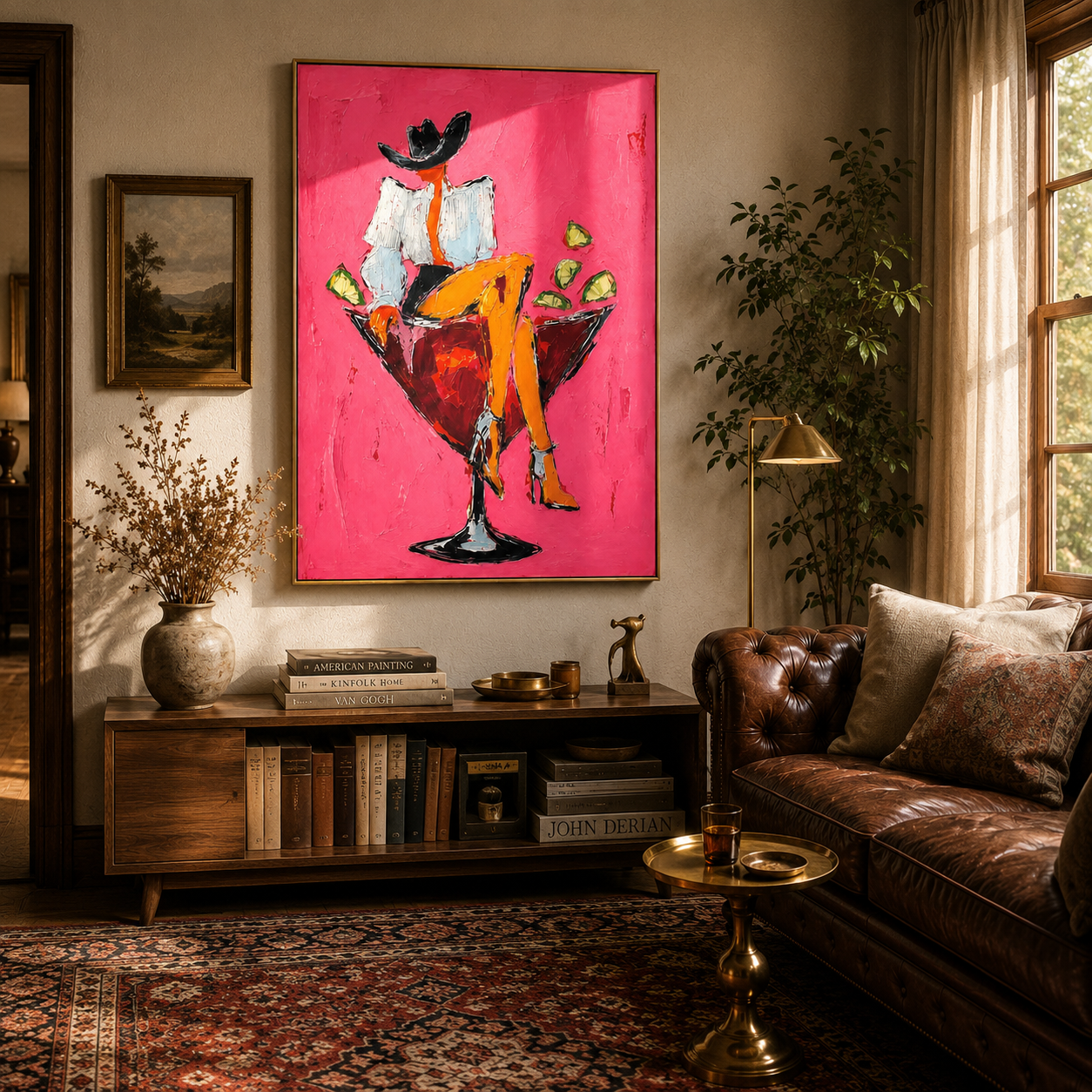 "Cowgirl in a Cocktail Glass" – Modern Heavy Impasto Figurative Art | 3D Hot Pink & Crimson Palette Knife Painting | Luxury Vertical Wall Art#AB 003
