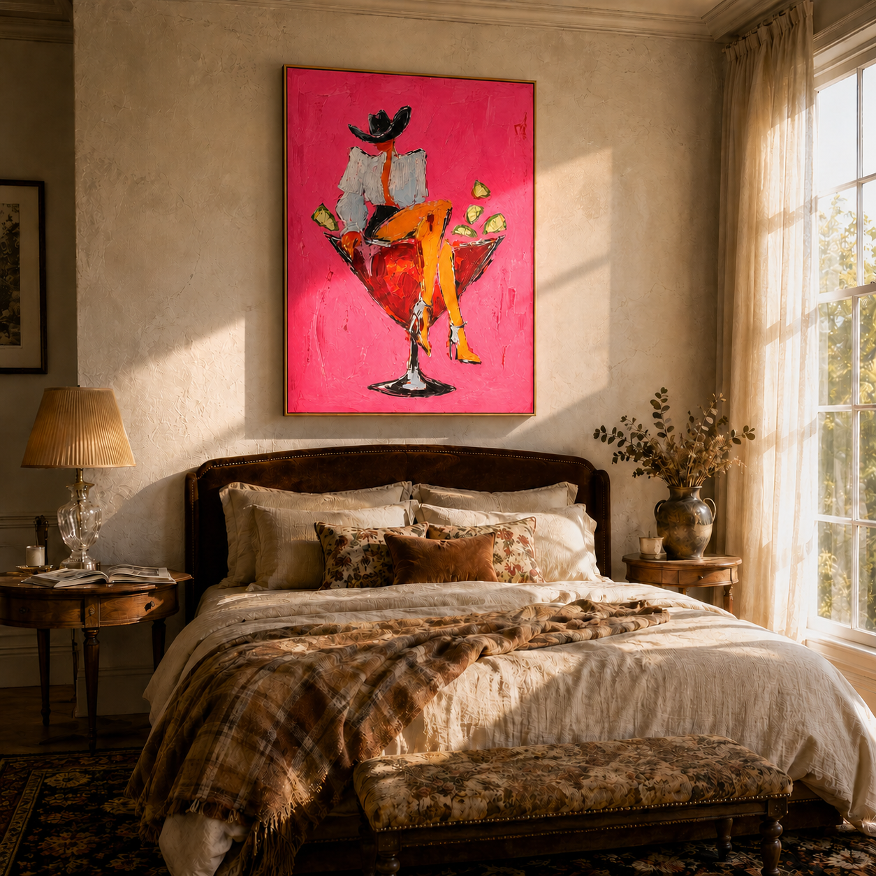 "Cowgirl in a Cocktail Glass" – Modern Heavy Impasto Figurative Art | 3D Hot Pink & Crimson Palette Knife Painting | Luxury Vertical Wall Art#AB 003