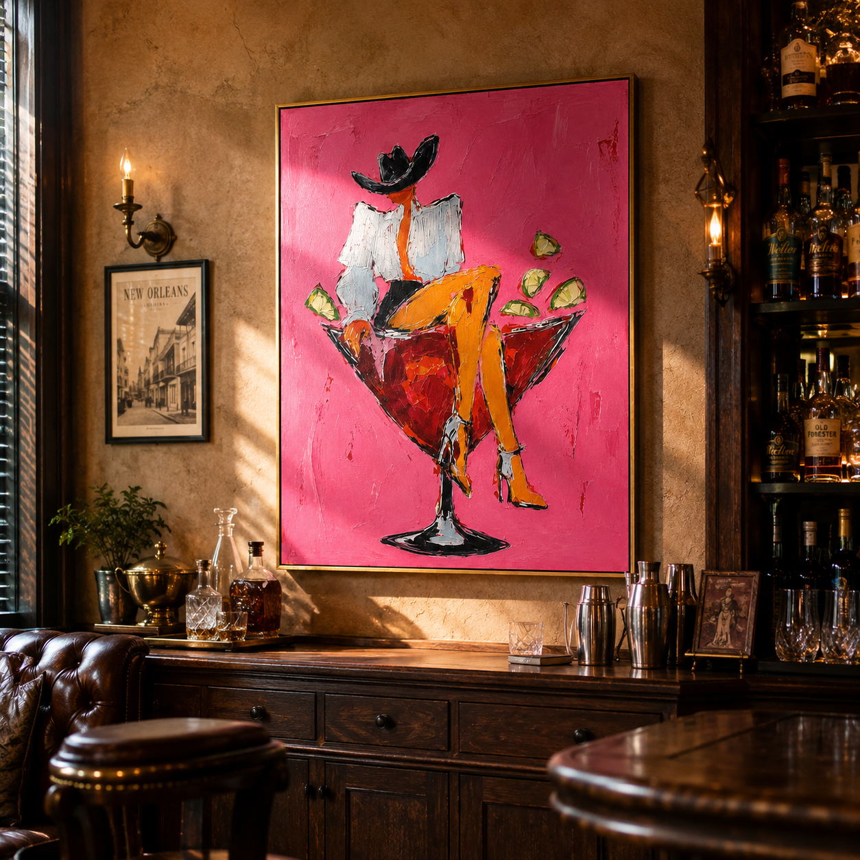 "Cowgirl in a Cocktail Glass" – Modern Heavy Impasto Figurative Art | 3D Hot Pink & Crimson Palette Knife Painting | Luxury Vertical Wall Art#AB 003