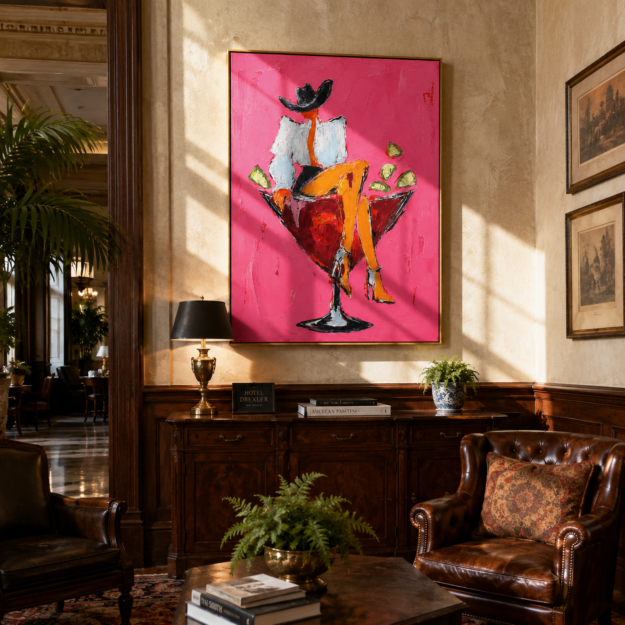 "Cowgirl in a Cocktail Glass" – Modern Heavy Impasto Figurative Art | 3D Hot Pink & Crimson Palette Knife Painting | Luxury Vertical Wall Art#AB 003
