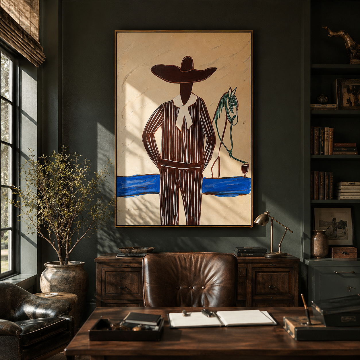 "The Charro & His Steed" – Modern Heavy Impasto Folk Western Art | 3D Sepia & Turquoise Palette Knife Painting | Luxury Vertical Wall Art #PT 021