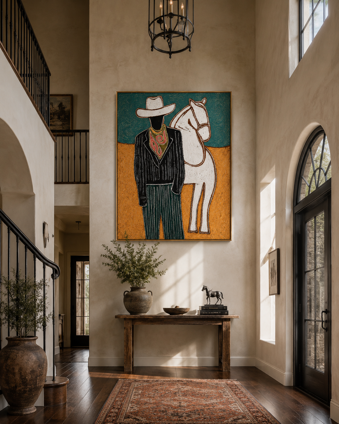 "The Dapper Cowboy & His Steed" – Modern Heavy Impasto Western Art | 3D Teal & Ochre Palette Knife Painting | Luxury Vertical Wall Art #PT 023