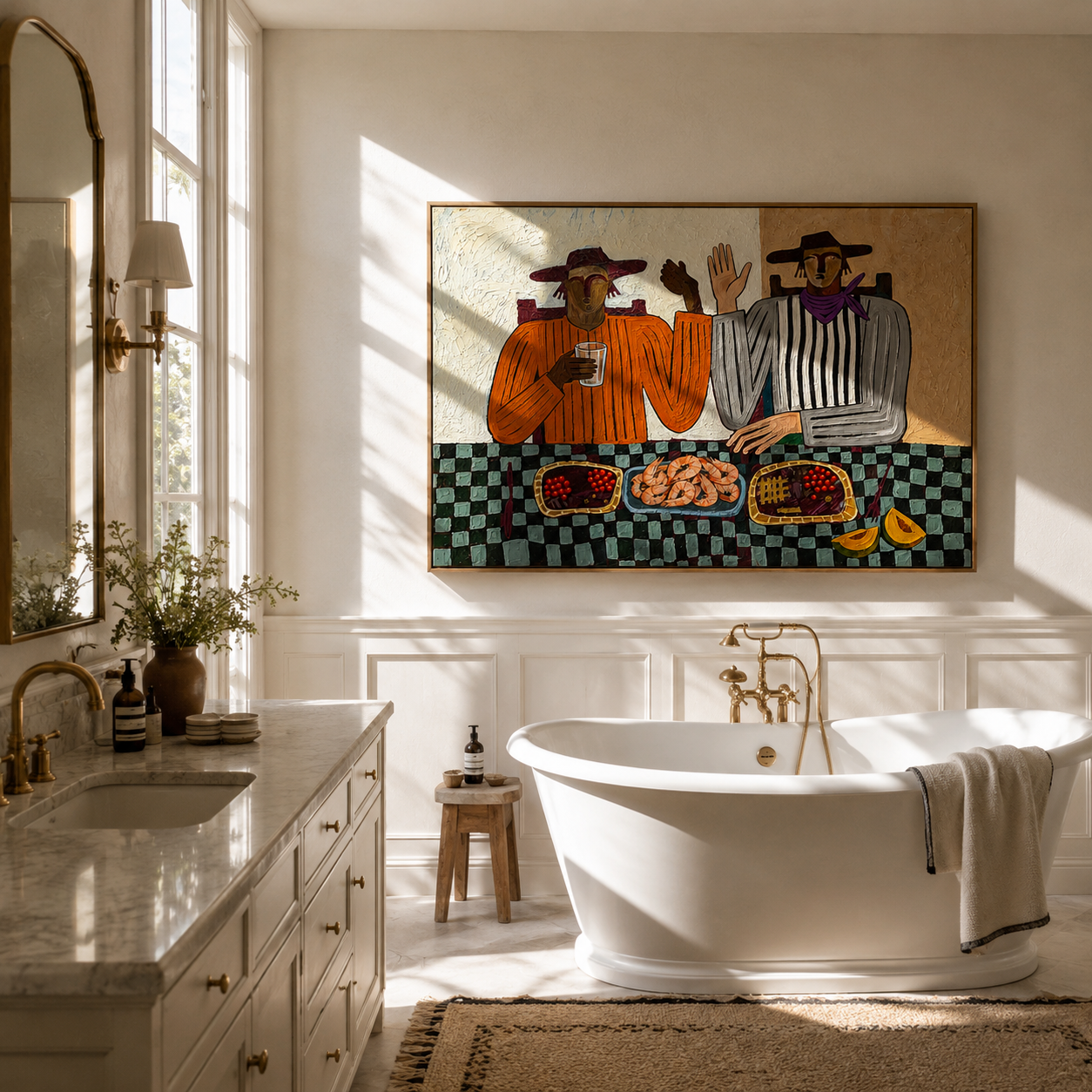"Dinner Companions" – Modern Heavy Impasto Folk Art | 3D Terracotta & Sage Palette Knife Painting | Luxury Horizontal Wall Art #PE 021