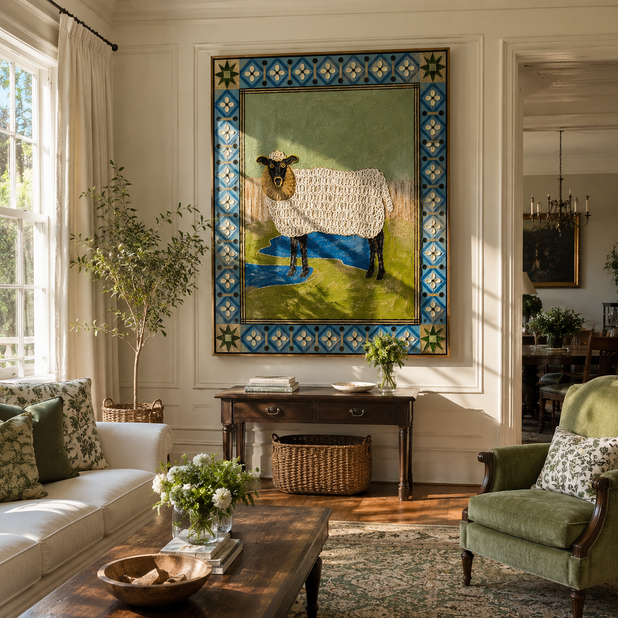 "Folk Art Sheep Portrait" – Modern Heavy Impasto Folk Art | 3D Cerulean & Moss Palette Knife Painting | Luxury Vertical Wall Art #AN 004