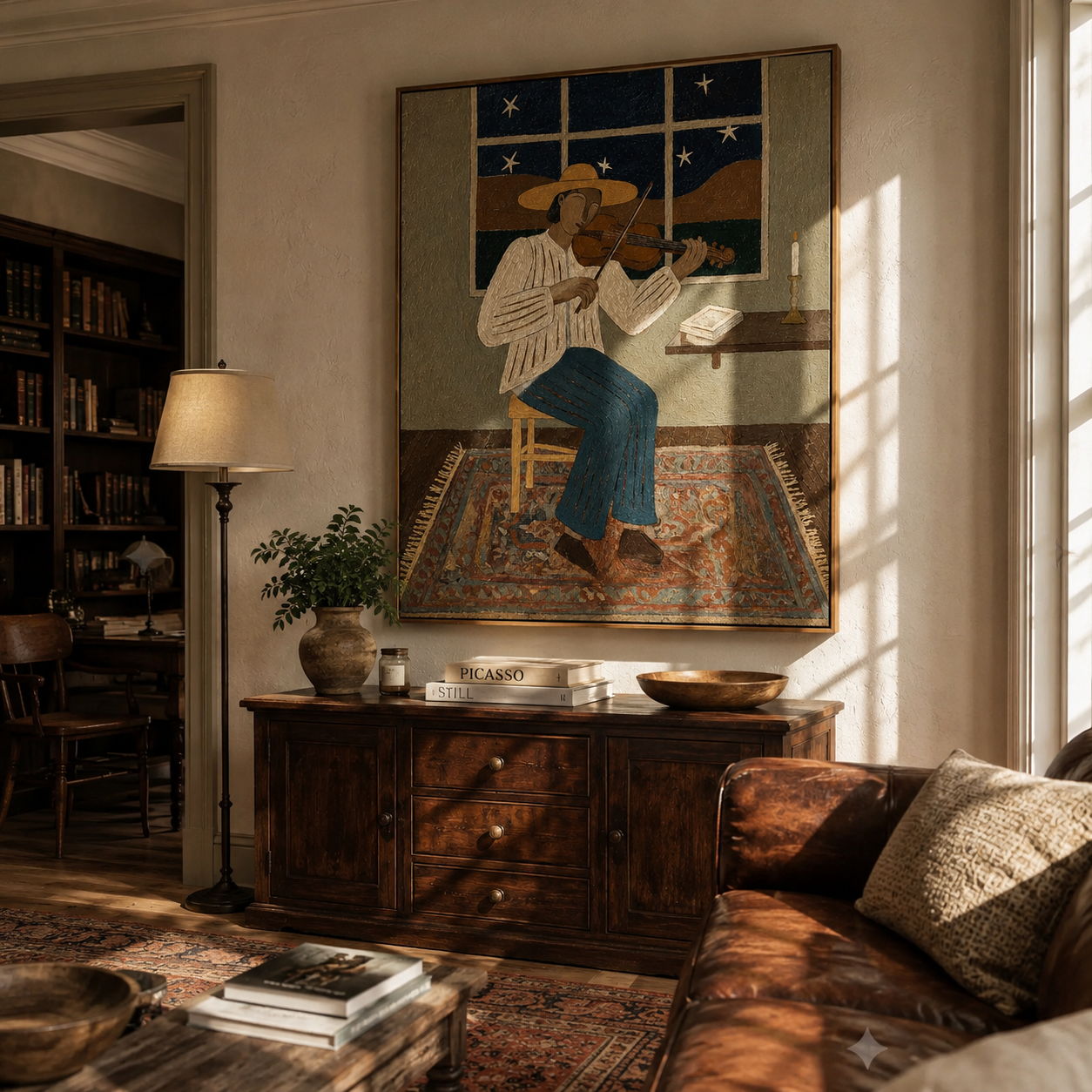 "The Night Violinist" โ Minimalist Folk Impasto Artwork | Warm Earthy Tones Wall Decor | Contemporary Vertical Statement Piece #PE 013