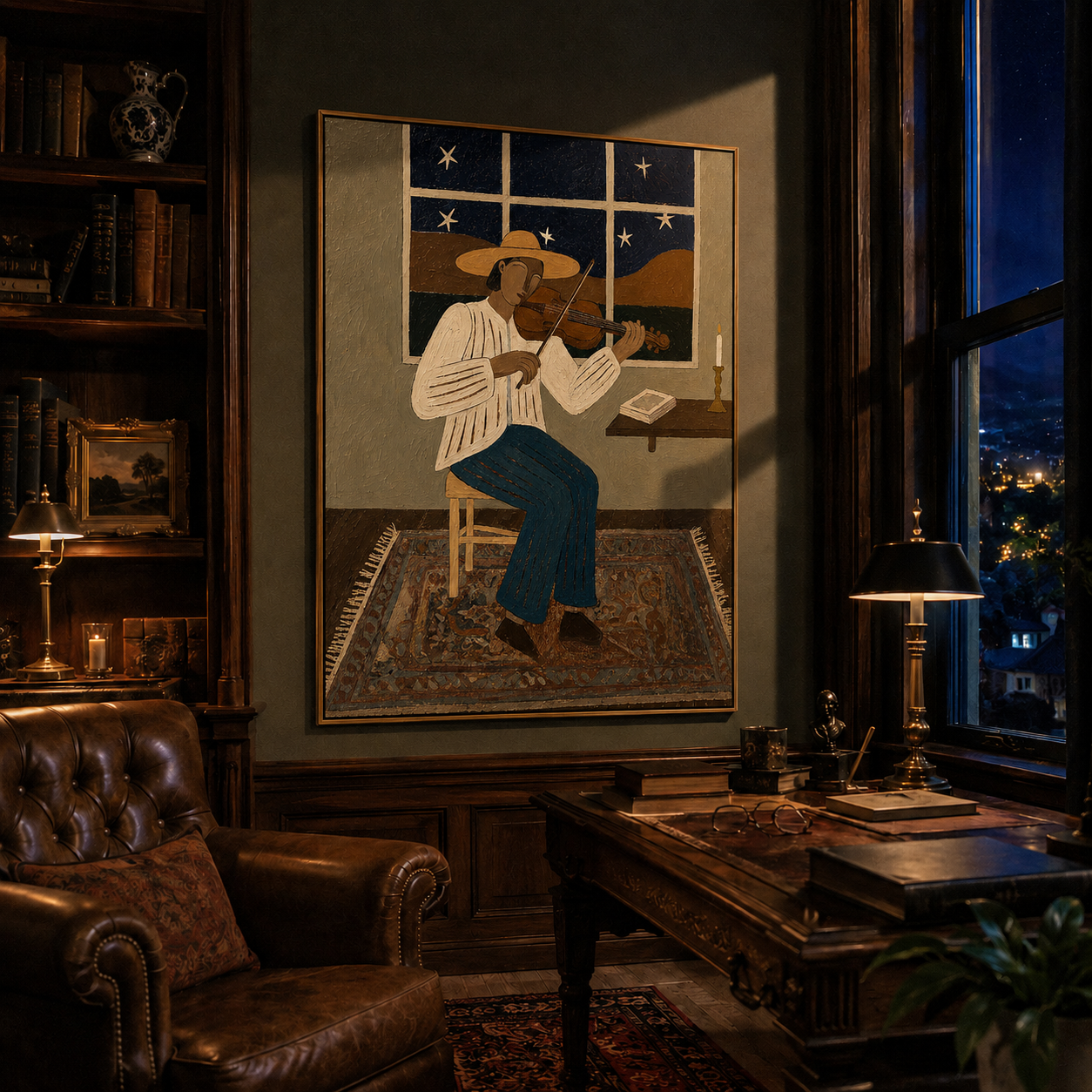 "The Night Violinist" โ Minimalist Folk Impasto Artwork | Warm Earthy Tones Wall Decor | Contemporary Vertical Statement Piece #PE 013
