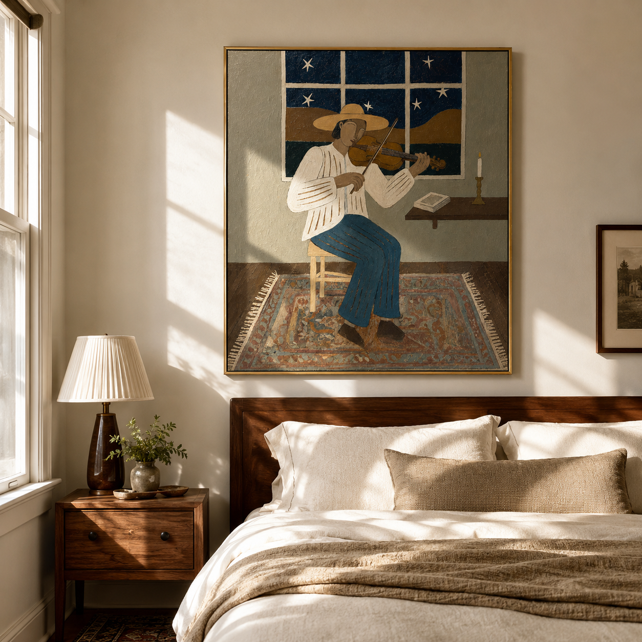 "The Night Violinist" โ Minimalist Folk Impasto Artwork | Warm Earthy Tones Wall Decor | Contemporary Vertical Statement Piece #PE 013