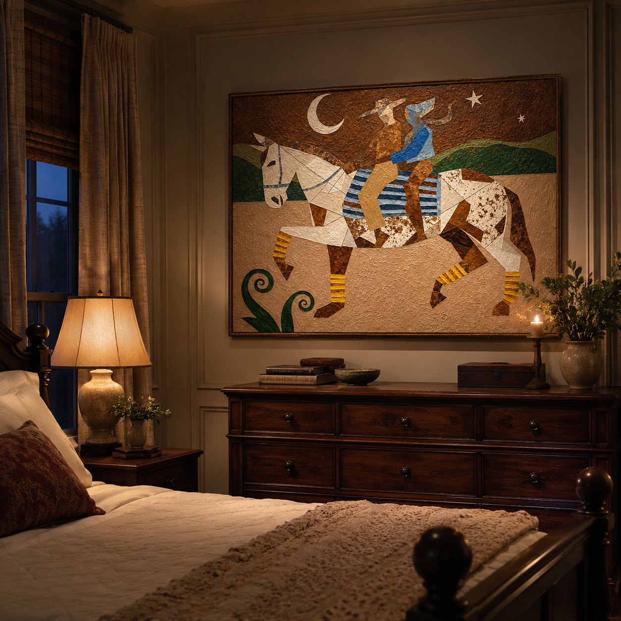 "Moonlit Riders" – Modern Heavy Impasto Cubist Folk Art | 3D Ochre & Cerulean Palette Knife Painting | Luxury Horizontal Wall Art #AB 018