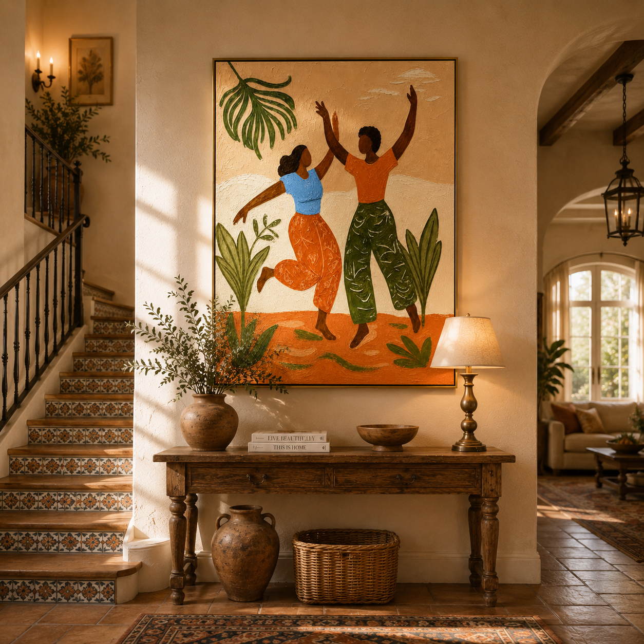 "Tropical Rhythm Dancers" – Modern Heavy Impasto Folk Art | 3D Terracotta & Sage Palette Knife Painting | Luxury Vertical Wall Art #PT 026