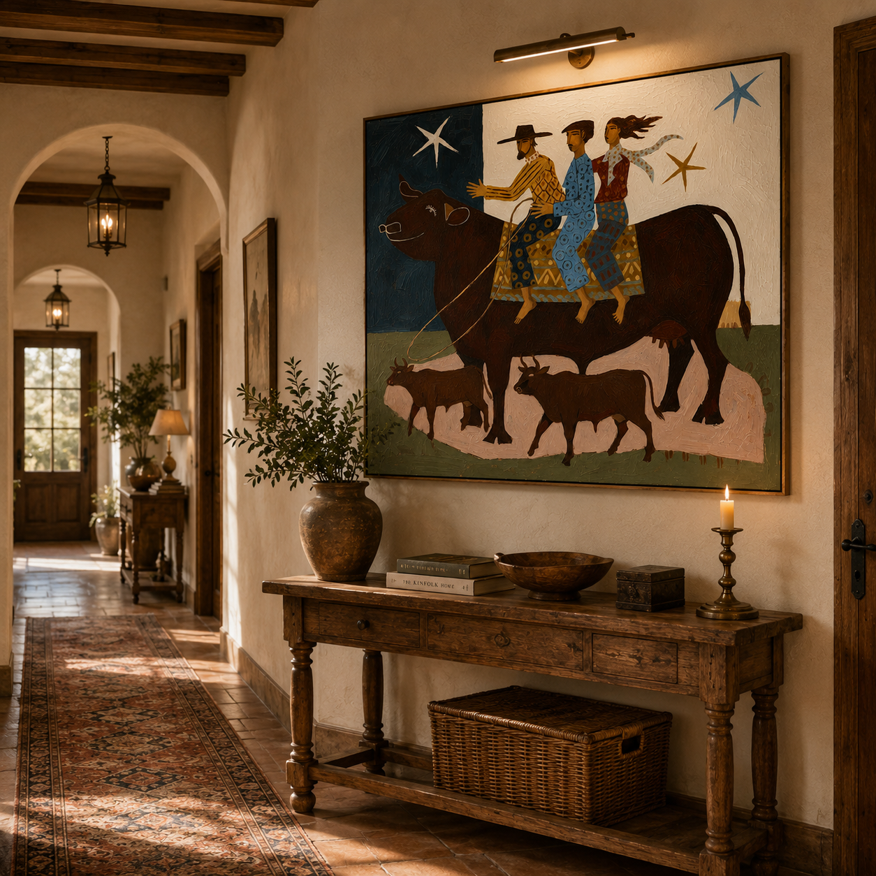 "The Starry Cattle Herd" – Modern Heavy Impasto Folk Art | 3D Indigo & Terracotta Palette Knife Painting | Luxury Horizontal Wall Art #PT 032