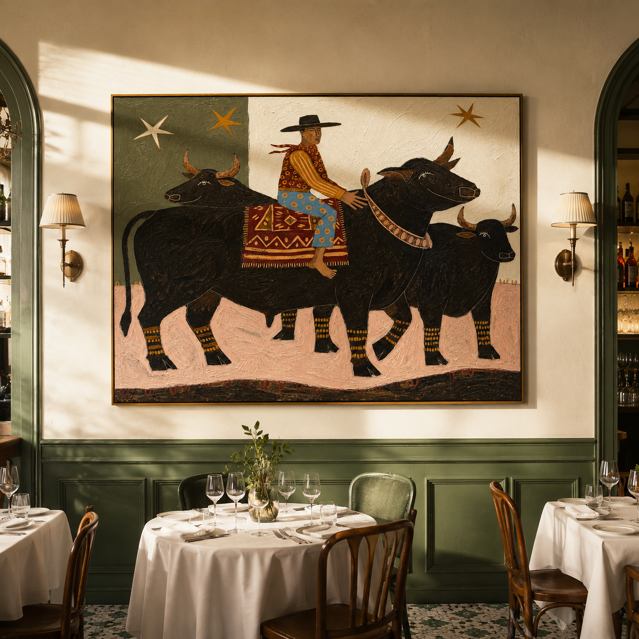 "The Starry Bull Rider" – Modern Heavy Impasto Folk Art | 3D Moss & Ochre Palette Knife Painting | Luxury Horizontal Wall Art #PT 033