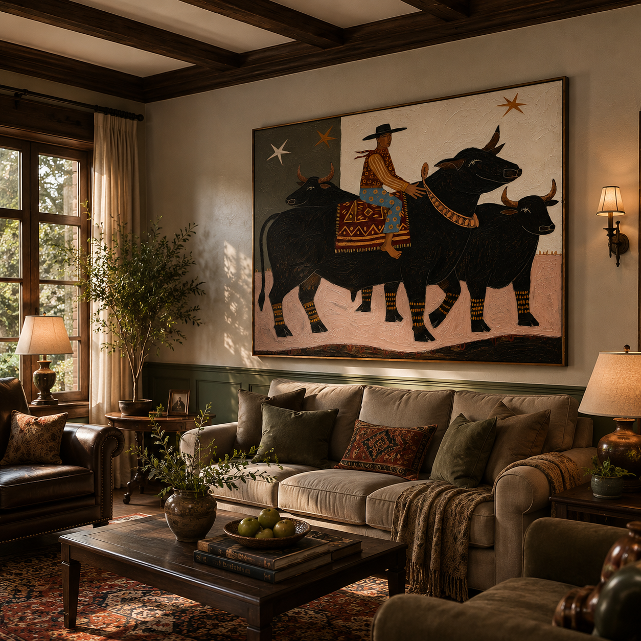 "The Starry Bull Rider" – Modern Heavy Impasto Folk Art | 3D Moss & Ochre Palette Knife Painting | Luxury Horizontal Wall Art #PT 033