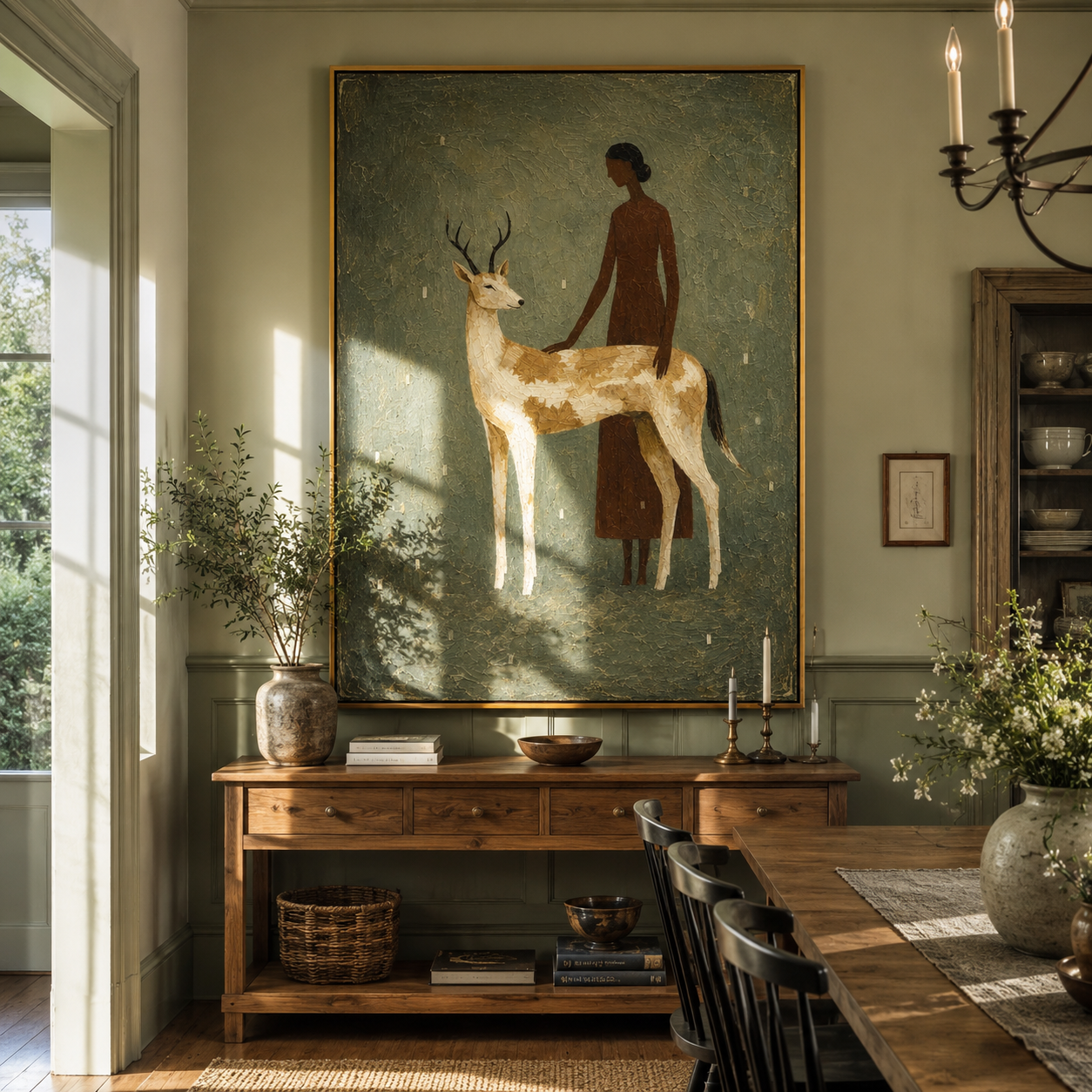 "Gentle Companionship" – Stylized Sculptural Art | 3D Layered Moss & Ivory Canvas | Luxury Vertical Wall Art #PT 027