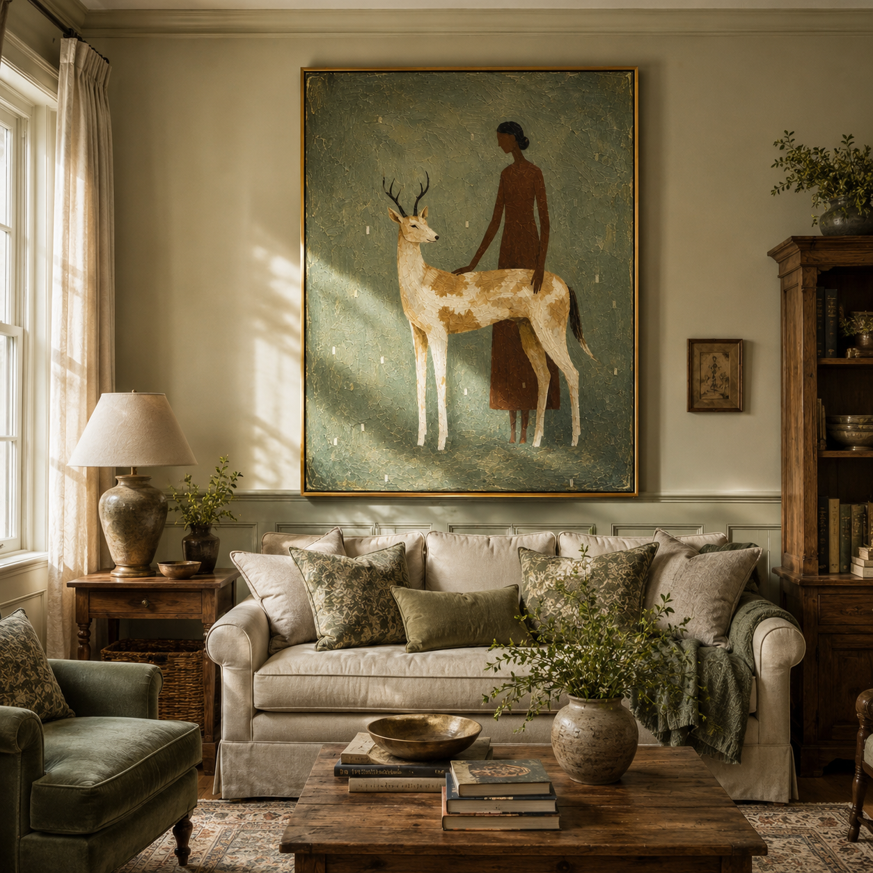 "Gentle Companionship" – Stylized Sculptural Art | 3D Layered Moss & Ivory Canvas | Luxury Vertical Wall Art #PT 027