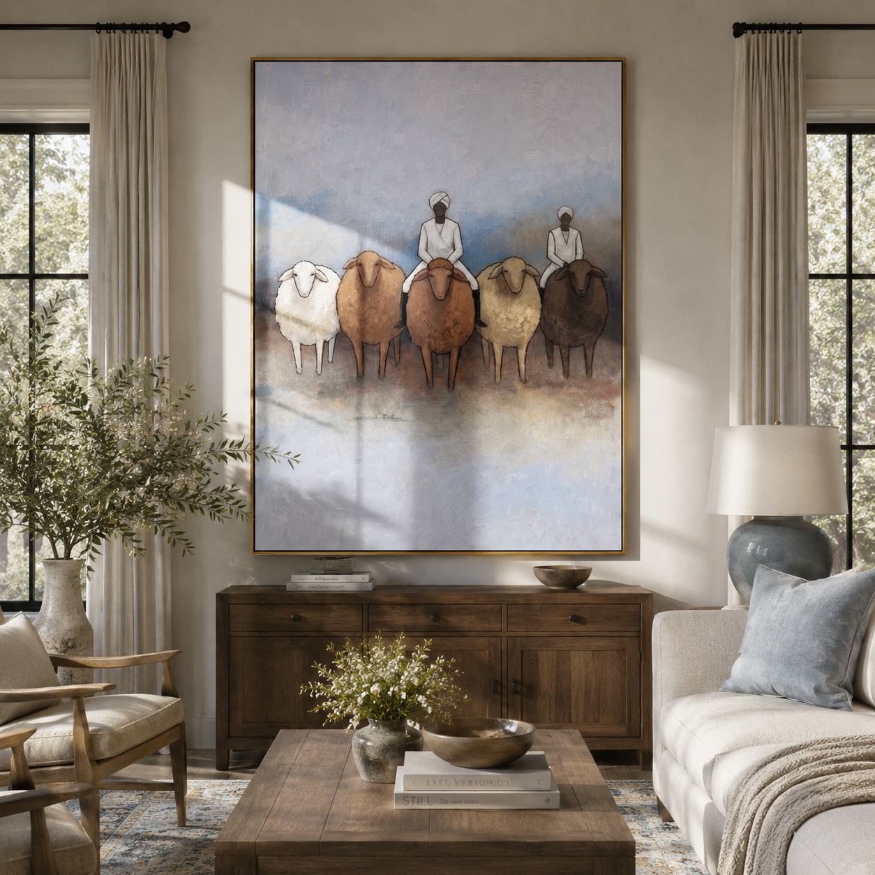 "The Shepherds and Their Flock" – Modern Heavy Impasto Folk Art | 3D Slate & Cream Palette Knife Painting | Luxury Vertical Wall Art #PT 028