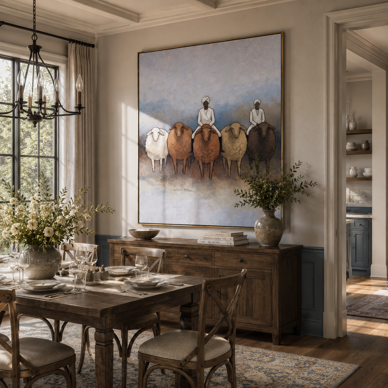 "The Shepherds and Their Flock" – Modern Heavy Impasto Folk Art | 3D Slate & Cream Palette Knife Painting | Luxury Vertical Wall Art #PT 028