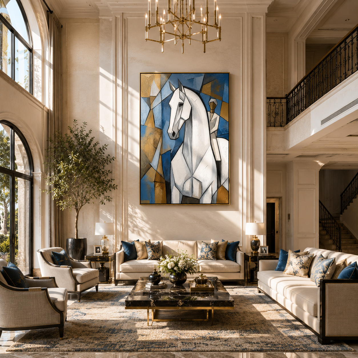 "Cubist White Stallion" – Modern Heavy Impasto Cubist Art | 3D Cerulean & Ochre Palette Knife Painting | Luxury Vertical Wall Art #PT 029