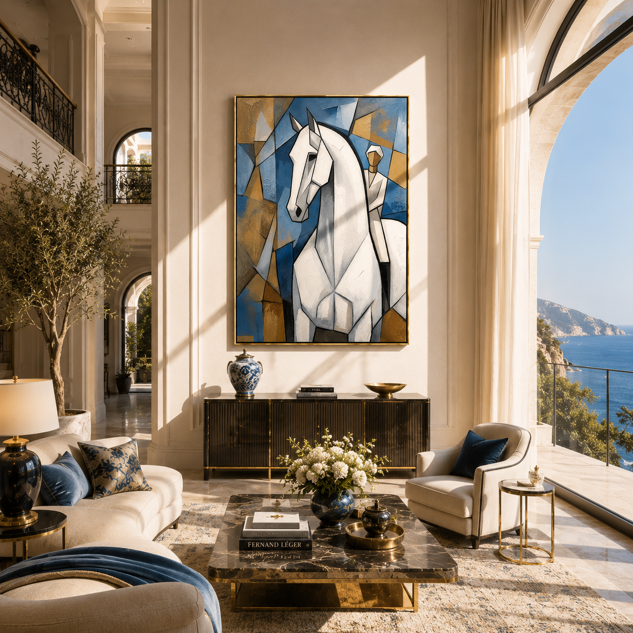 "Cubist White Stallion" – Modern Heavy Impasto Cubist Art | 3D Cerulean & Ochre Palette Knife Painting | Luxury Vertical Wall Art #PT 029