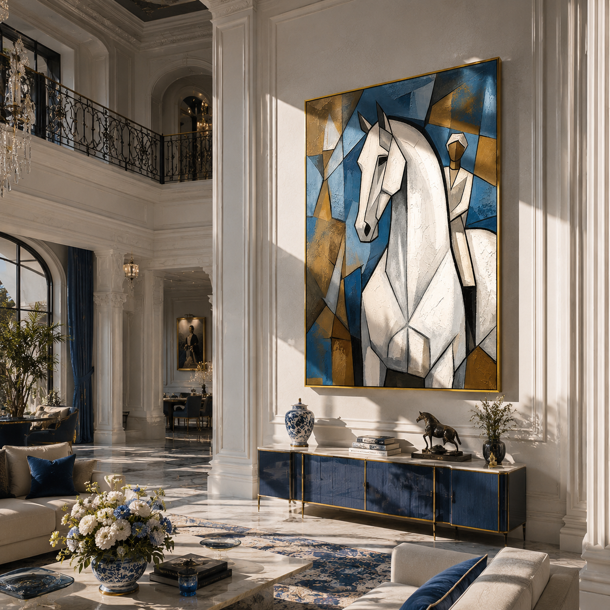 "Cubist White Stallion" – Modern Heavy Impasto Cubist Art | 3D Cerulean & Ochre Palette Knife Painting | Luxury Vertical Wall Art #PT 029
