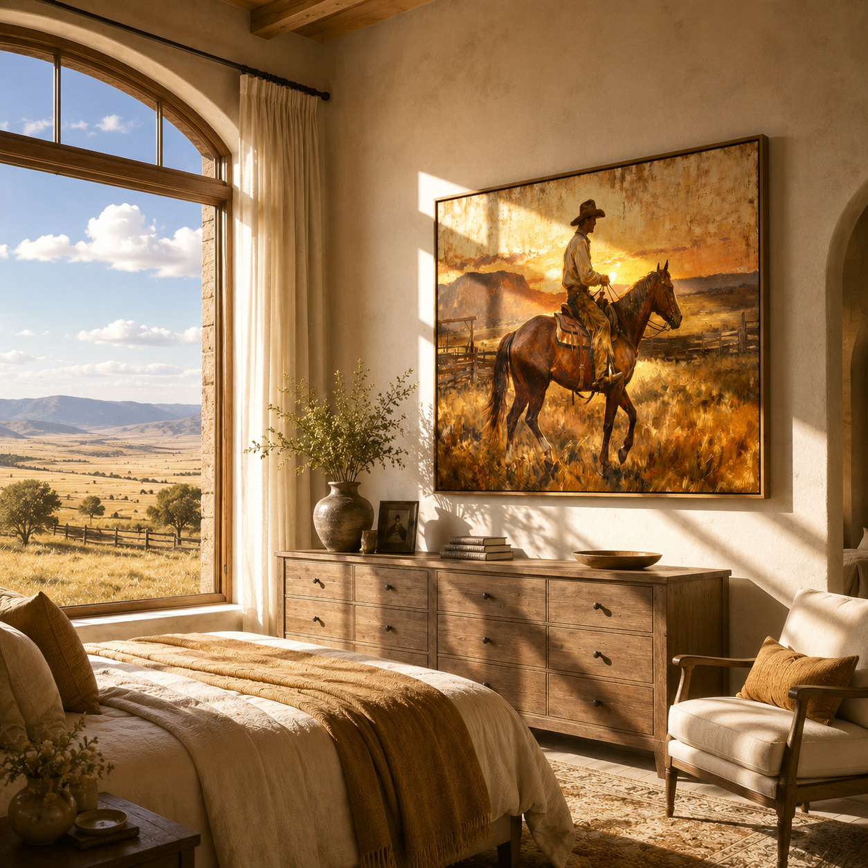 "Sunset Cowboy Rider" – Modern Heavy Impasto Western Art | 3D Amber & Terracotta Palette Knife Painting | Luxury Horizontal Wall Art #PT 035