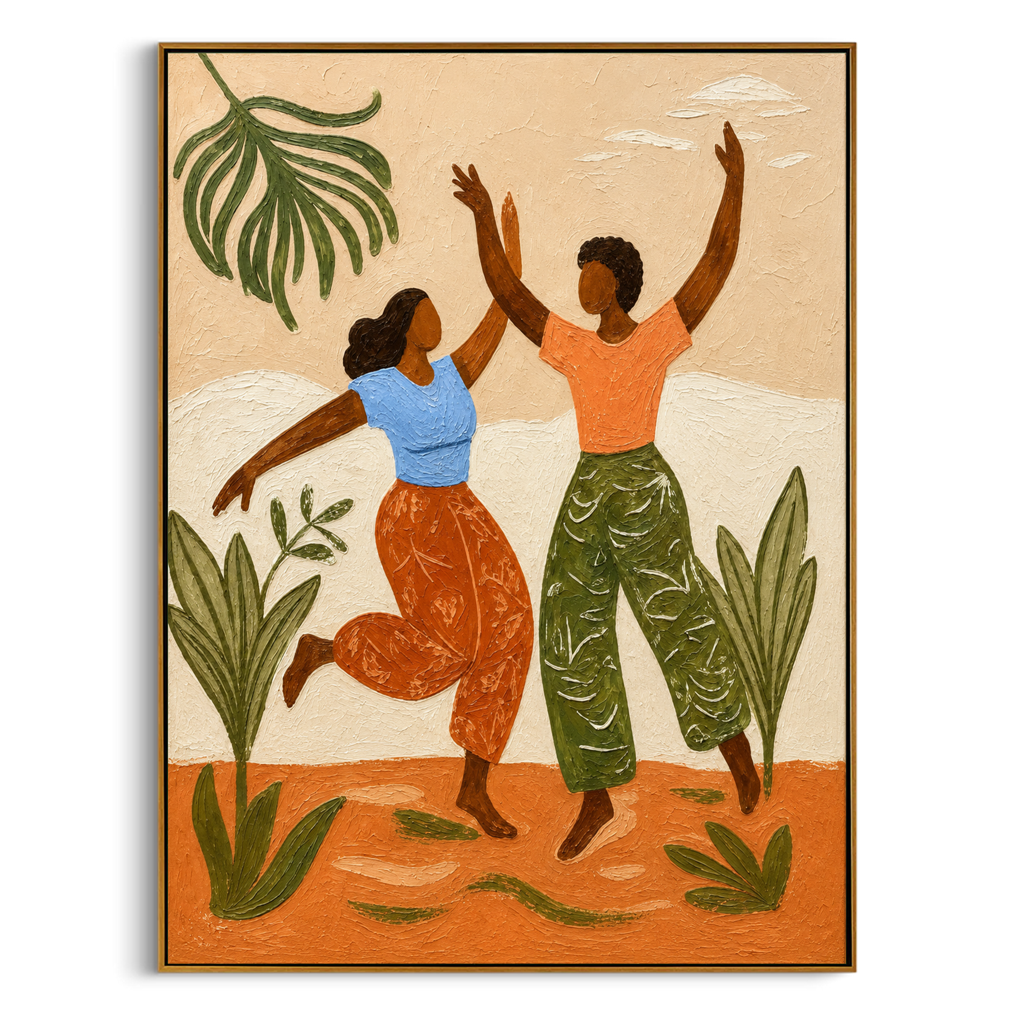 "Tropical Rhythm Dancers" – Modern Heavy Impasto Folk Art | 3D Terracotta & Sage Palette Knife Painting | Luxury Vertical Wall Art #PT 026