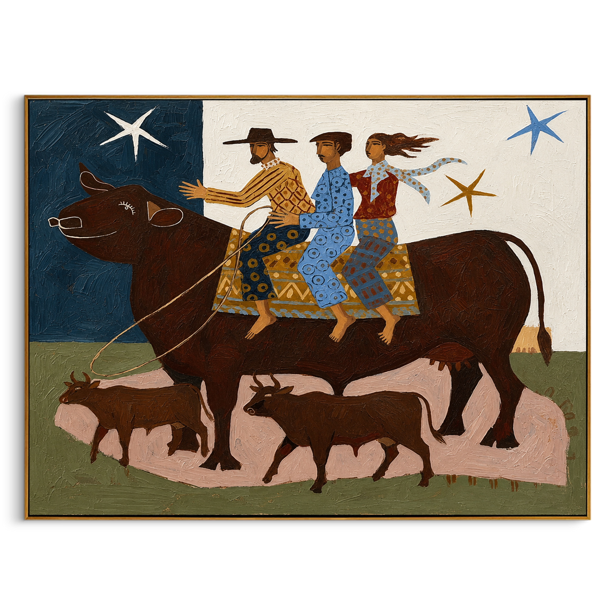 "The Starry Cattle Herd" – Modern Heavy Impasto Folk Art | 3D Indigo & Terracotta Palette Knife Painting | Luxury Horizontal Wall Art #PT 032