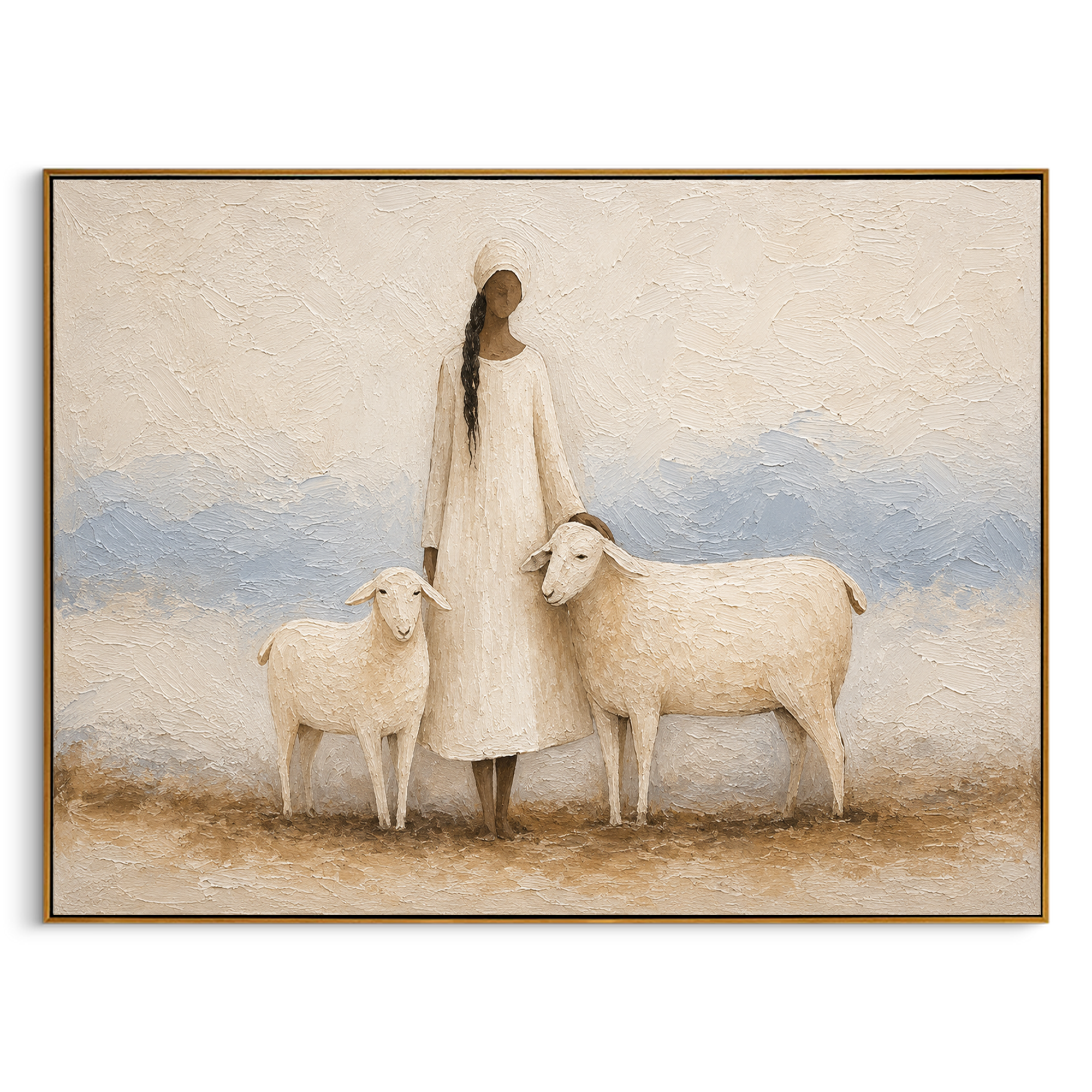"The Shepherdess" – Modern Heavy Impasto Folk Art | 3D Cream & Dusk Blue Palette Knife Painting | Luxury Horizontal Wall Art #PT 034