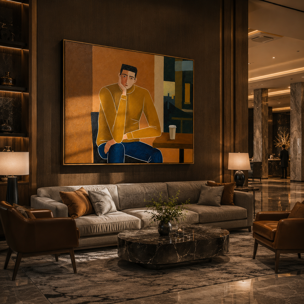 "Café Quiet Contemplation" – Modern Heavy Impasto Figurative Art | 3D Mustard & Umber Palette Knife Painting | Luxury Horizontal Wall Art #PE 025