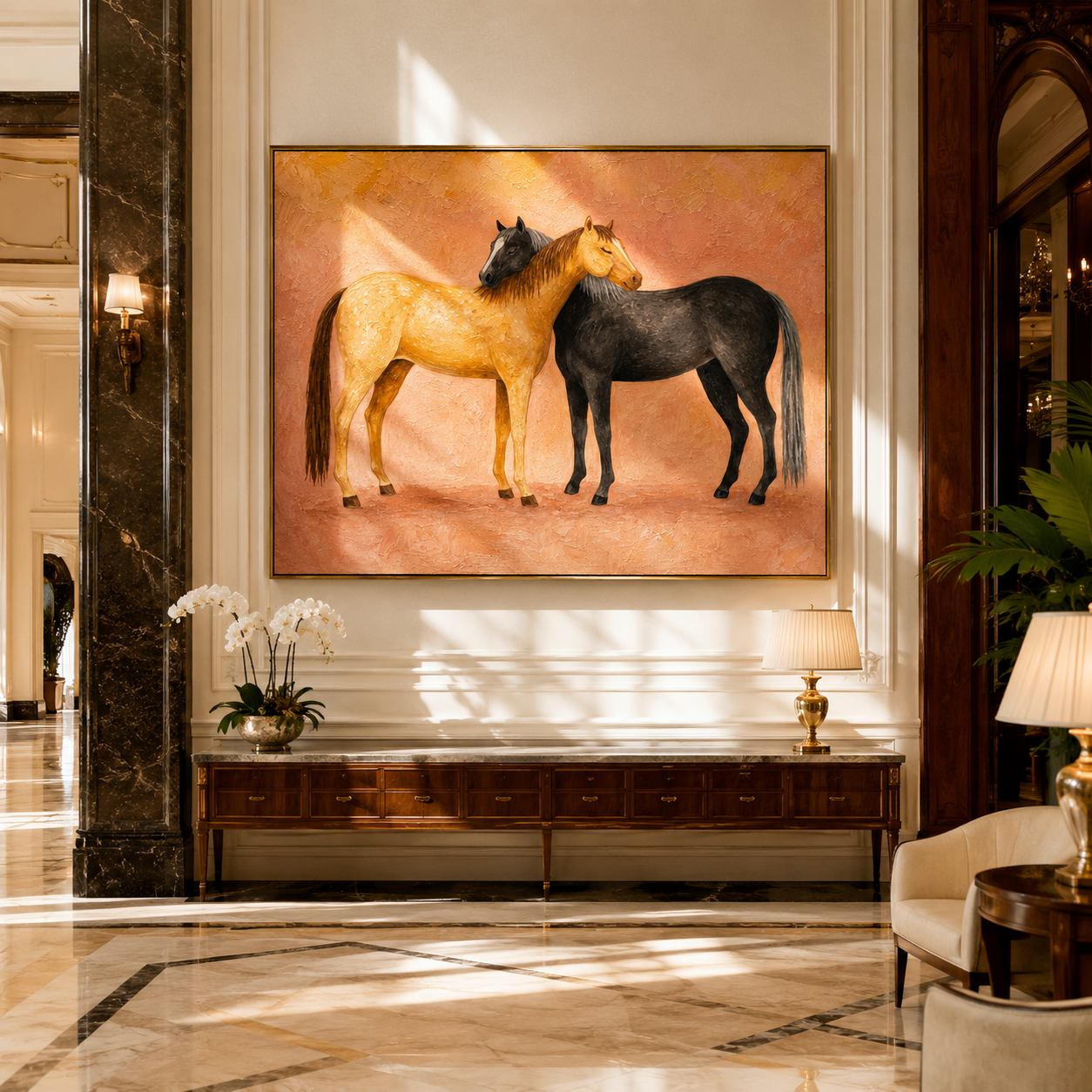 "Affectionate Horse Duo" – Modern Heavy Impasto Animal Art | 3D Sand & Charcoal Palette Knife Painting | Luxury Horizontal Wall Art #PE 005