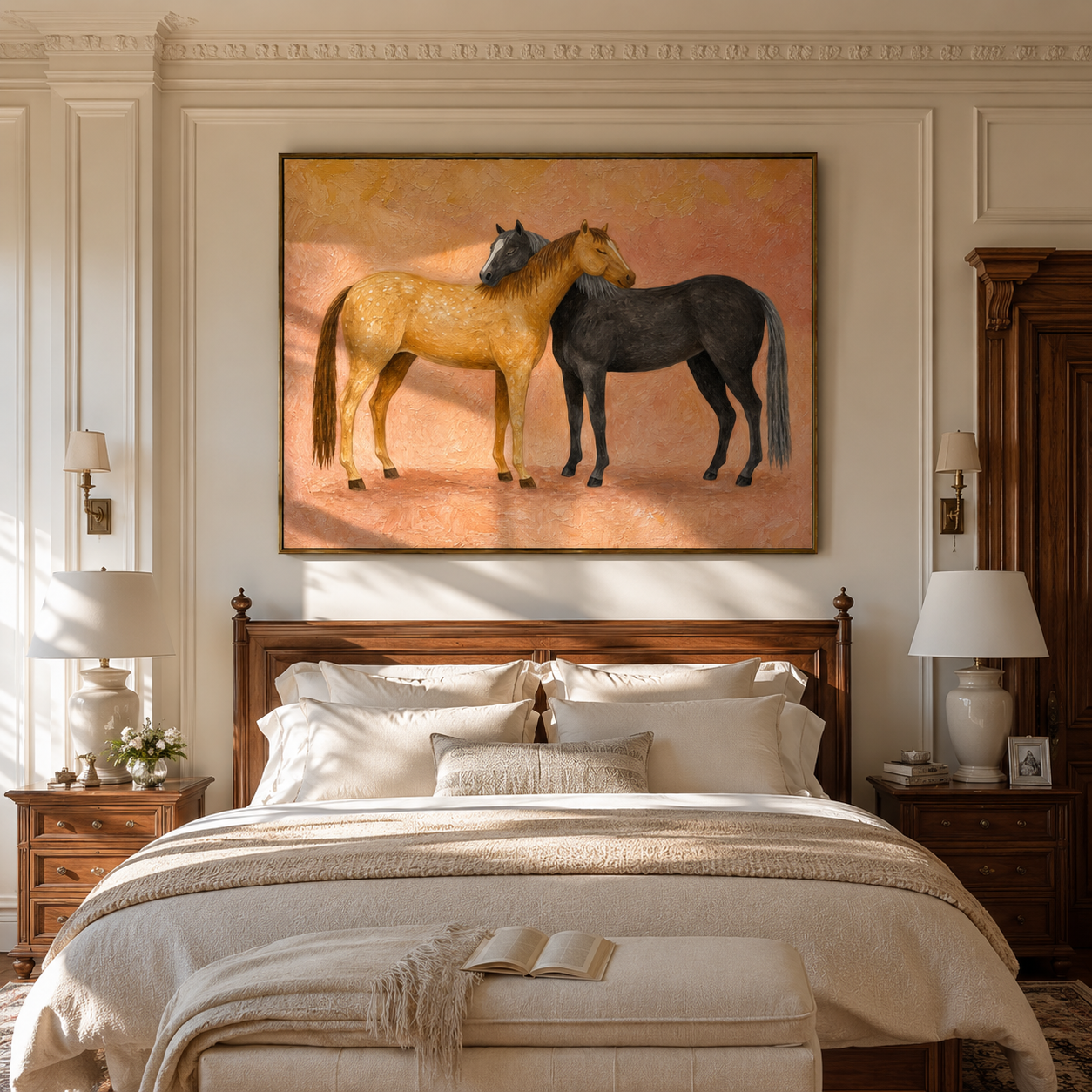 "Affectionate Horse Duo" – Modern Heavy Impasto Animal Art | 3D Sand & Charcoal Palette Knife Painting | Luxury Horizontal Wall Art #PE 005