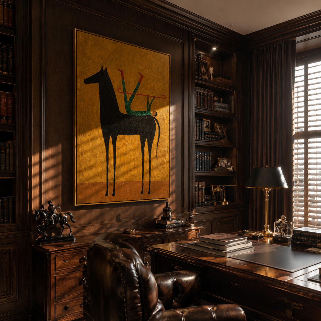 "Acrobat and the Black Horse" – Modern Heavy Impasto Surreal Art | 3D Ochre & Emerald Palette Knife Painting | Luxury Vertical Wall Art #AB 006