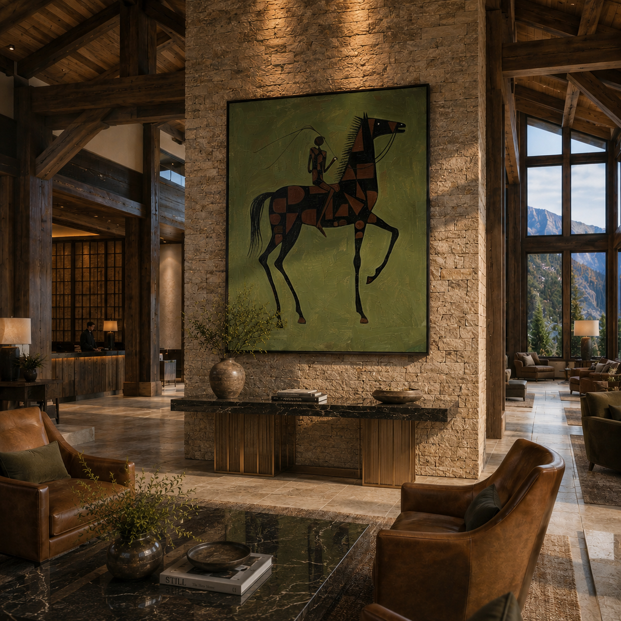 "Geometric Steed & Rider" – Modern Heavy Impasto Tribal Art | 3D Olive & Rust Palette Knife Painting | Luxury Vertical Wall Art #AB 008