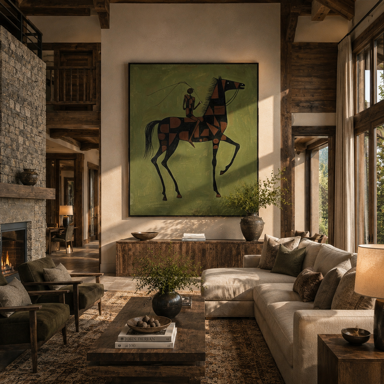 "Geometric Steed & Rider" – Modern Heavy Impasto Tribal Art | 3D Olive & Rust Palette Knife Painting | Luxury Vertical Wall Art #AB 008