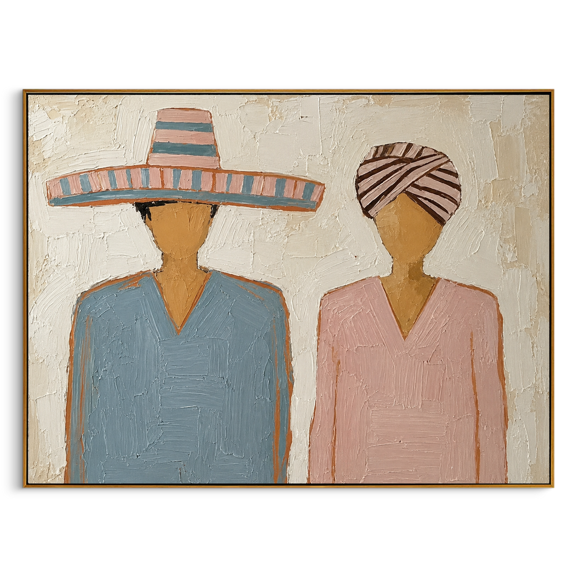 "Pastel Sombrero & Turban Pair" – Modern Heavy Impasto Folk Art | 3D Dusty Blue & Blush Palette Knife Painting | Luxury Horizontal Wall Art #PE 024