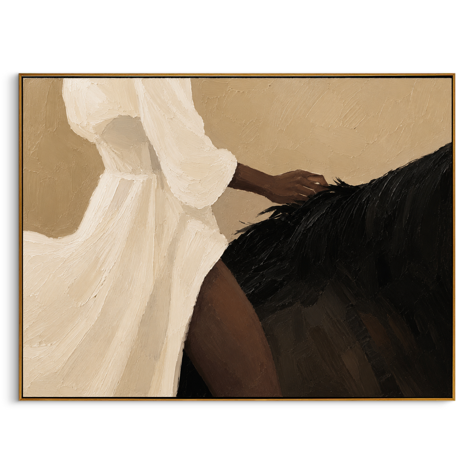 "The Quiet Bond" – Modern Heavy Impasto Figurative Art | 3D Beige & Black Palette Knife Painting | Luxury Horizontal Wall Art #PT 036