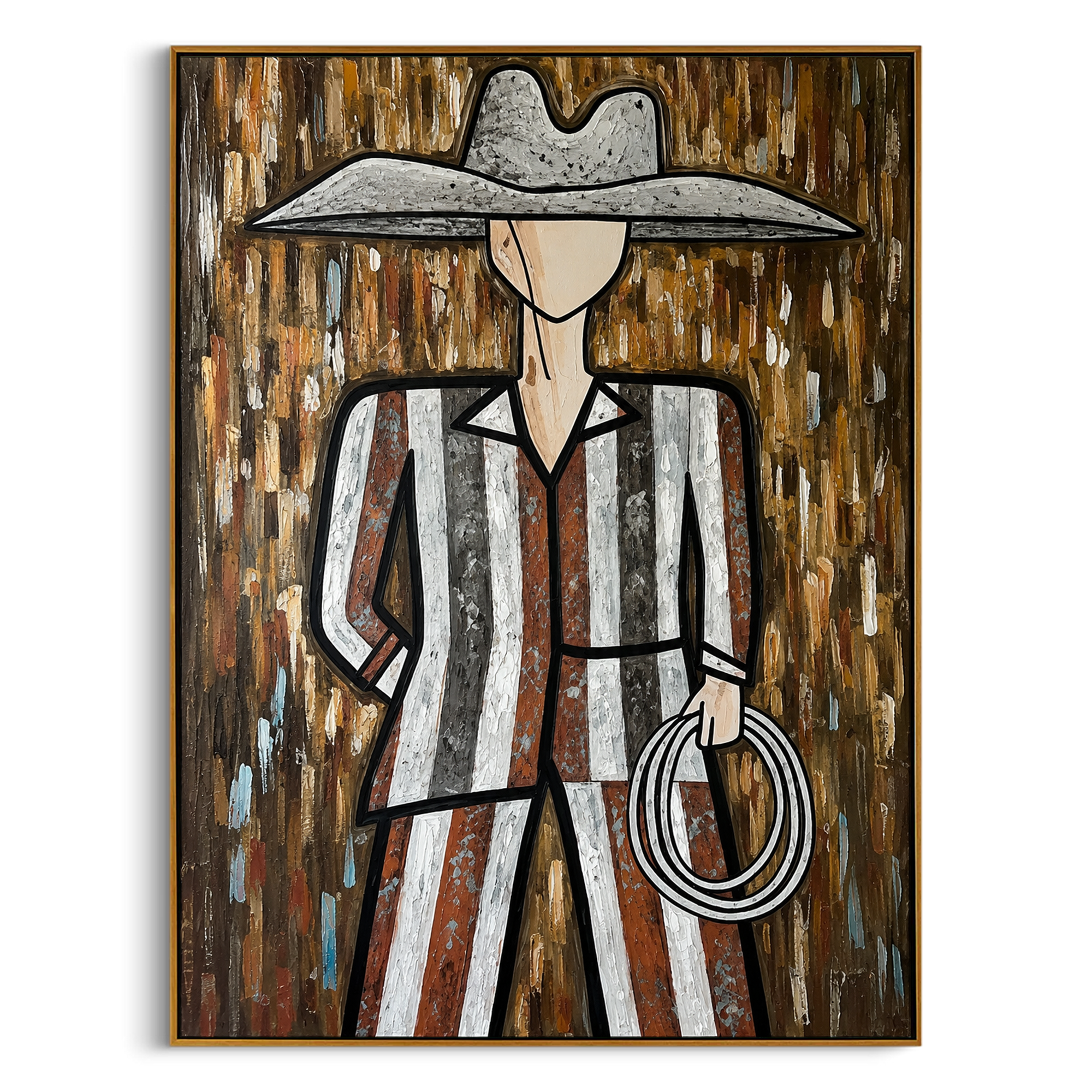 "The Striped Cowboy" – Modern Heavy Impasto Western Art | 3D Rust & Charcoal Palette Knife Painting | Luxury Vertical Wall Art #PE 019