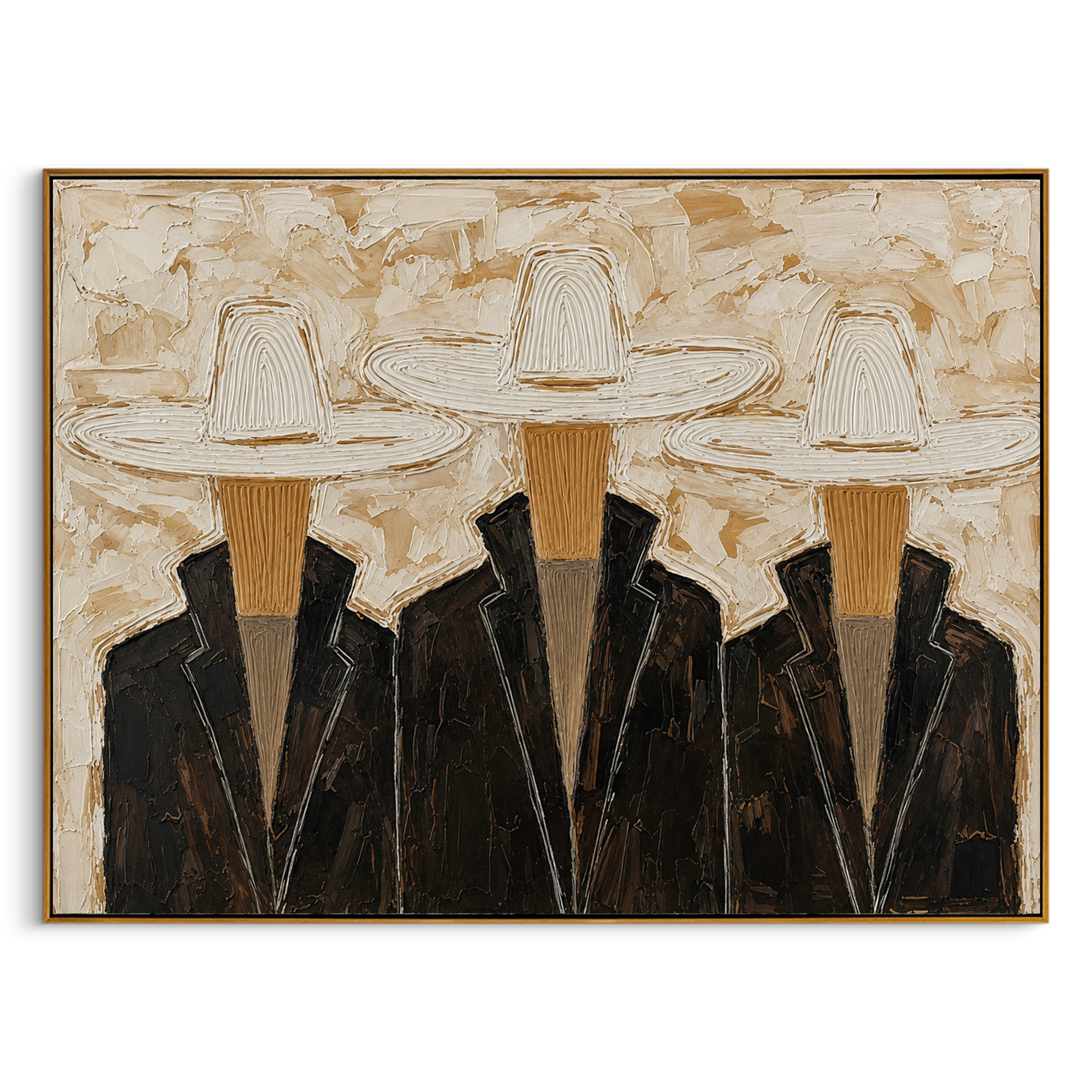 "Three Hat Gentlemen" – Modern Heavy Impasto Western Figurative | 3D Ivory & Espresso Palette Knife Painting | Luxury Horizontal Wall Art #PE 026