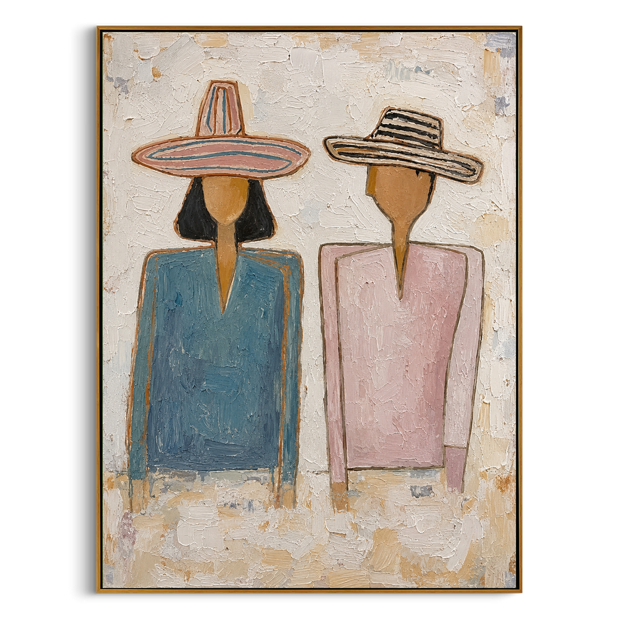 "Two Friends in Summer Hats" – Modern Heavy Impasto Figurative Art | 3D Blush & Teal Palette Knife Painting | Luxury Vertical Wall Art #PE 018