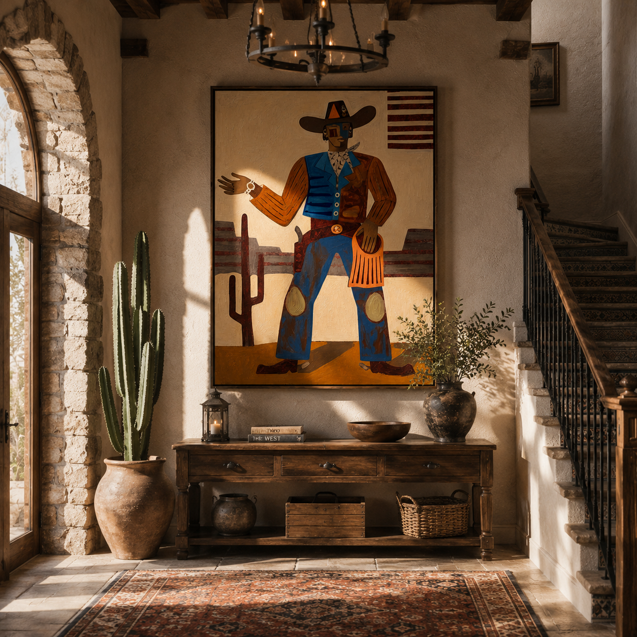 "Frontier Storyteller" – Tribal-Inspired Impasto Art | 3D Layered Ochre & Indigo Canvas | Luxury Vertical Wall Art #PE 017