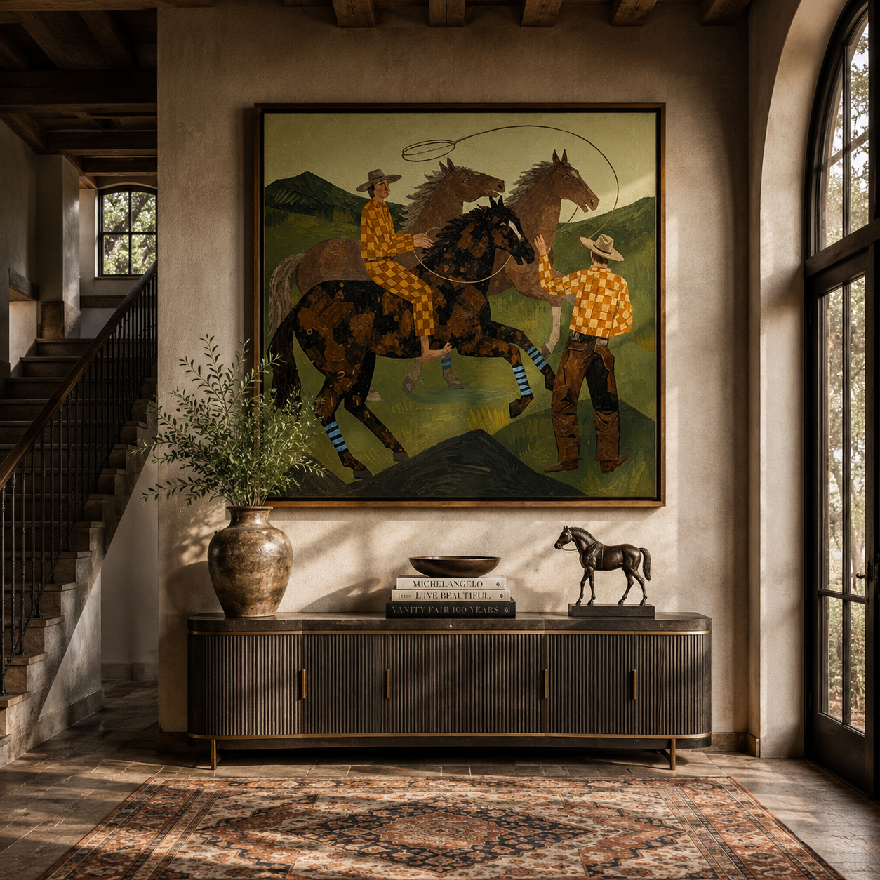 "Prairie Cowboys & Wild Horses" – Modern Heavy Impasto Western Folk Art | 3D Moss Green & Golden Check Palette Knife Painting | Luxury Square Wall Art #PT 038