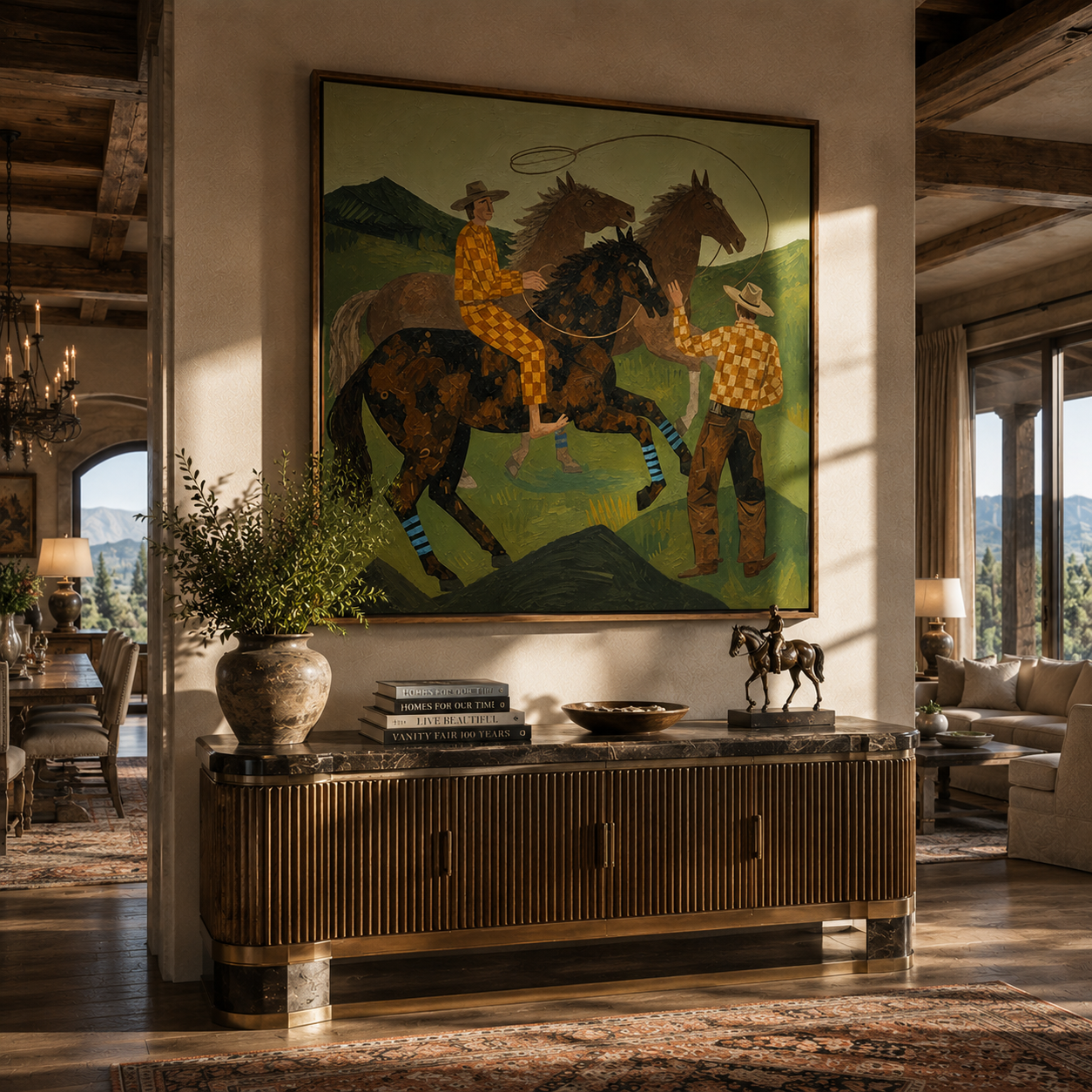 "Prairie Cowboys & Wild Horses" – Modern Heavy Impasto Western Folk Art | 3D Moss Green & Golden Check Palette Knife Painting | Luxury Square Wall Art #PT 038